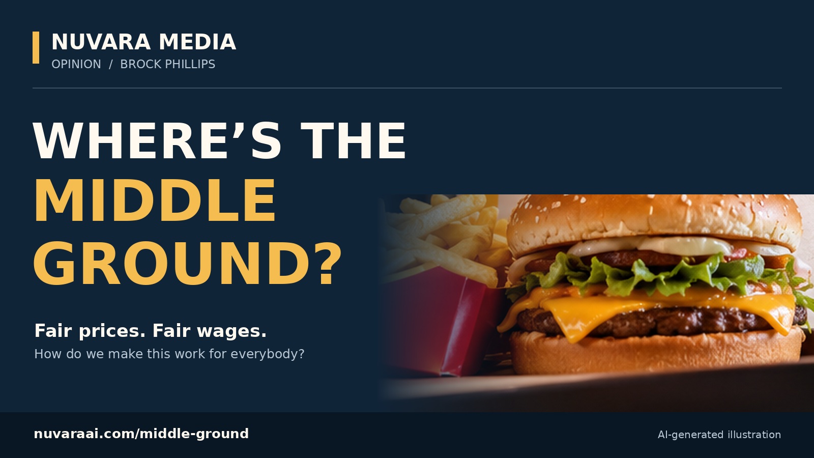 Nuvara Media opinion graphic by Brock Phillips. Where’s the Middle Ground? Fair prices. Fair wages. An illustrative hamburger and fries. Article: nuvaraai.com/middle-ground. AI-generated illustration, not a photograph of an actual purchase.